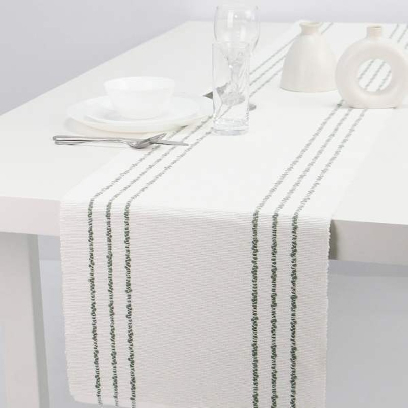 Ivory Ribbed Table Runner with Green Insert Stripes, 14×72