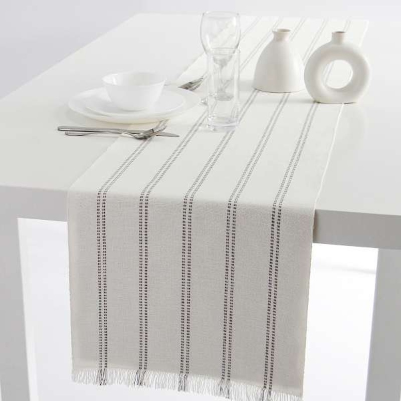 Ivory Ribbed Woven Table Runner with Grey Stripes & Fringe, 14×72