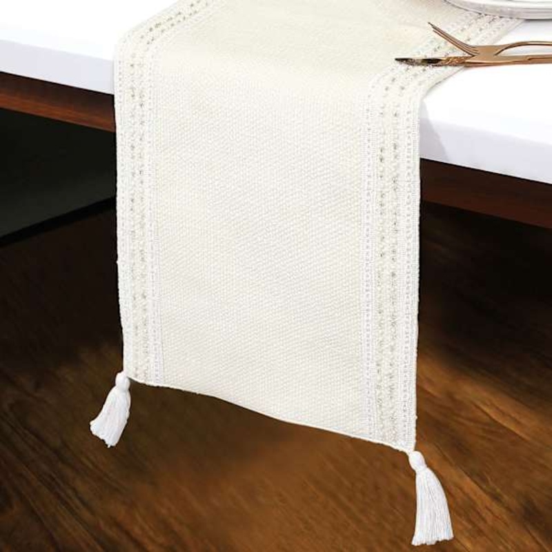 Ivory Semi-Beaded Table Runner with White Tassels, 72×13