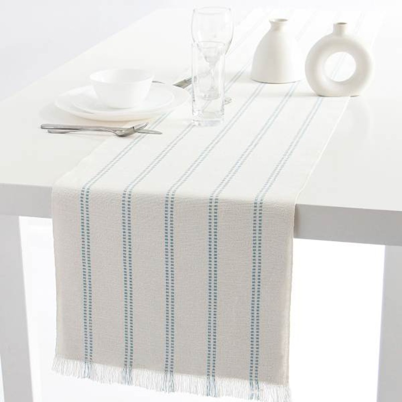 Ivory Woven Ribbed Table Runner with Cameo Blue Stripes & Fringe, 72×14