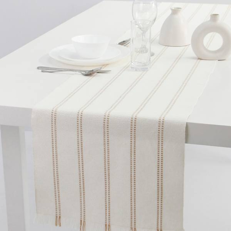 Ivory Woven Ribbed Table Runner with Neutral Stripes & Fringe, 14×72