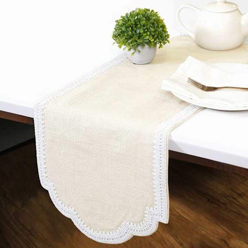 Natural Jute Table Runner with White Beaded Scalloped Edge, 36×13