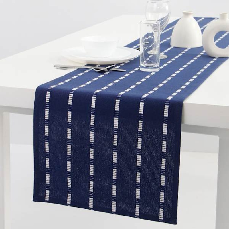 Navy Blue Dobby Table Runner with White Tick Stripes, 14×72