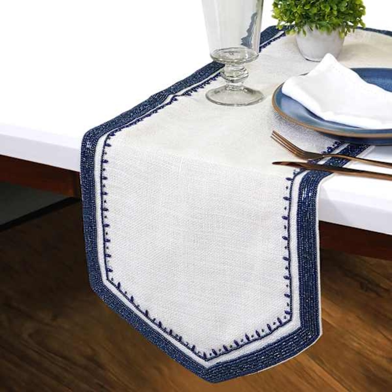 Neutral Jute Table Runner with Navy Beaded Border, 36×13