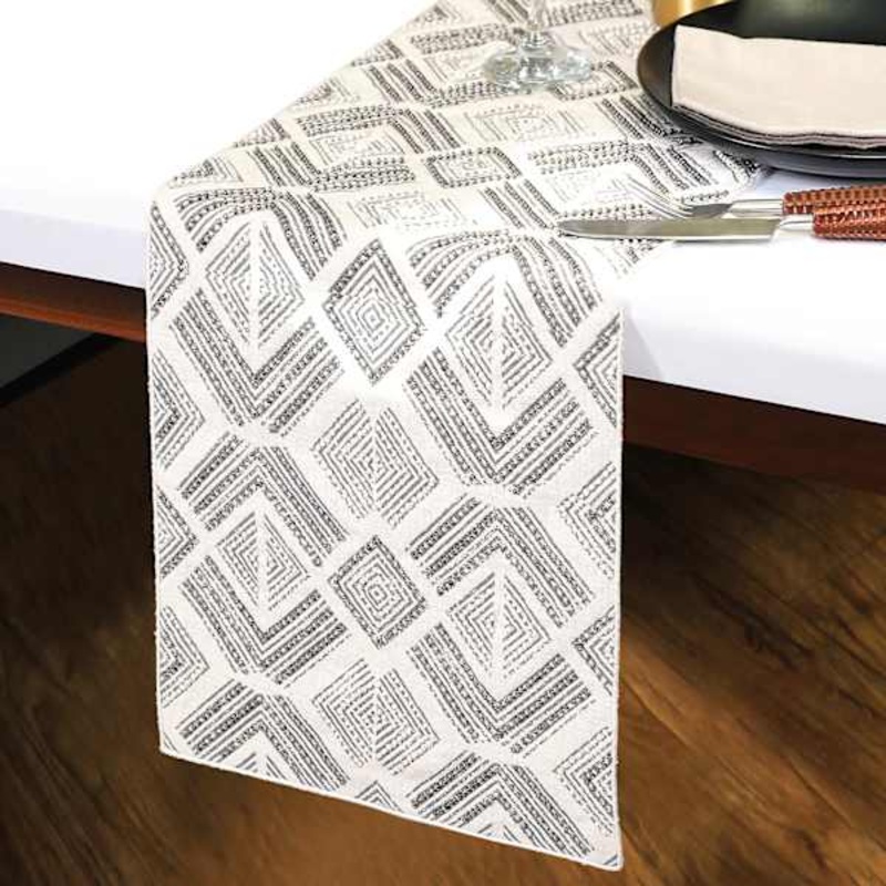 Neutral Semi-Beaded & Embroidered Tribal Table Runner, 36×13