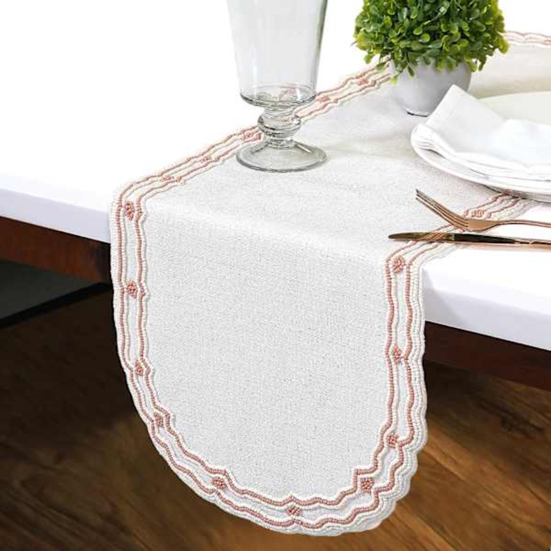 Neutral Table Runner with Pink Beading Design, 36×13