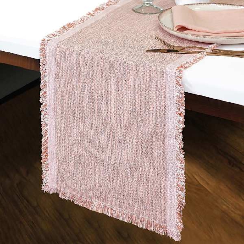 Pink & White Yarn Dyed Table Runner With Fringe, 14×72
