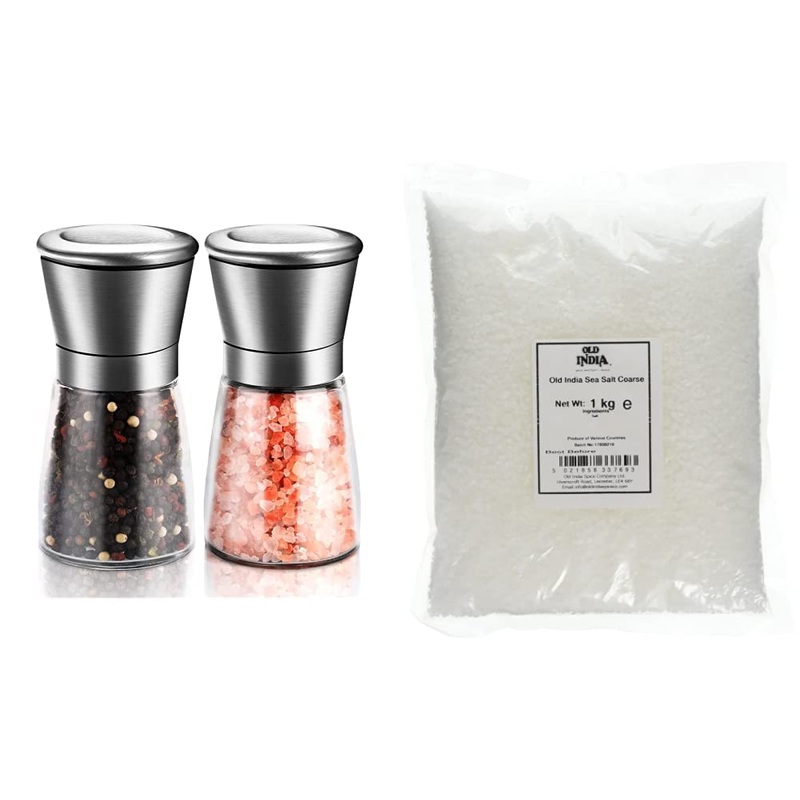 Stainless Steel Salt and Pepper Grinder Refillable and Adjustable Coarseness Manual Pepper Mill Fits in Home Kitchen Outdoor (2 Packs) & Old India Sea Salt Coarse 1 Kg
