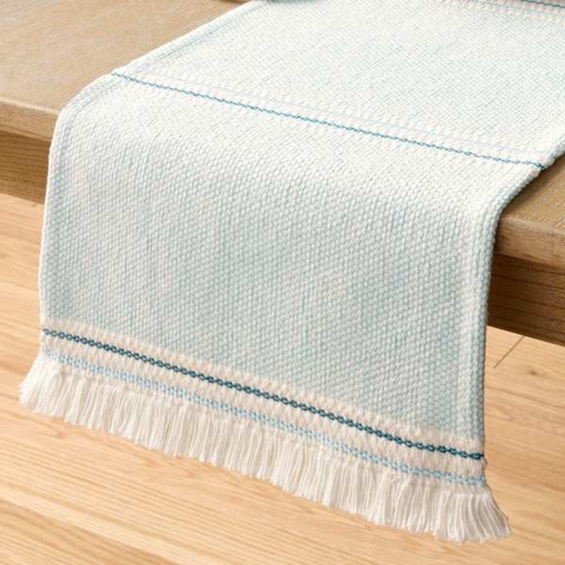 Teal & Turquoise Woven Table Runner with White Fringe, 72×14