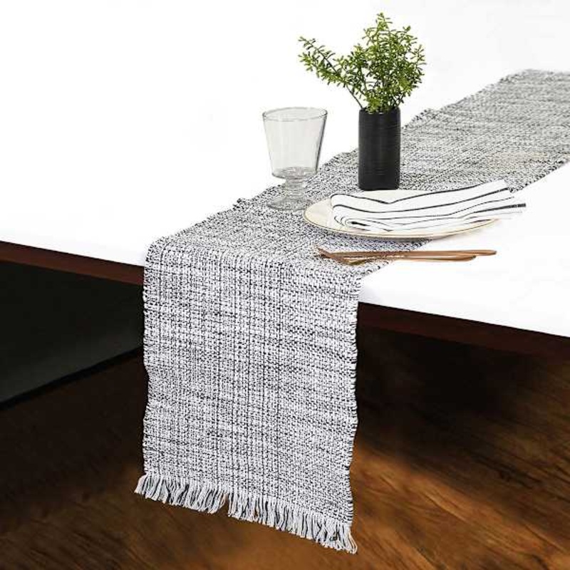 White & Black Mix Yarn Dyed Table Runner With Fringe, 14×72