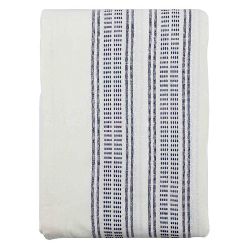 White Dobby Tablecloth with Blue Tribal Stripes, 60×84