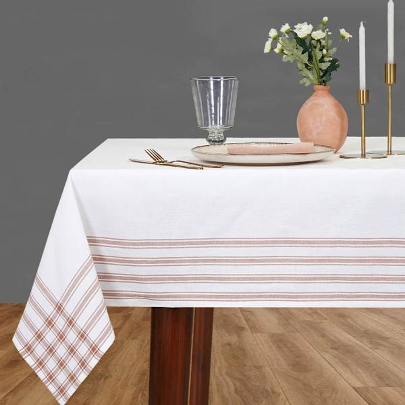 White with Coral Stripe Border Tablecloth, 60×104