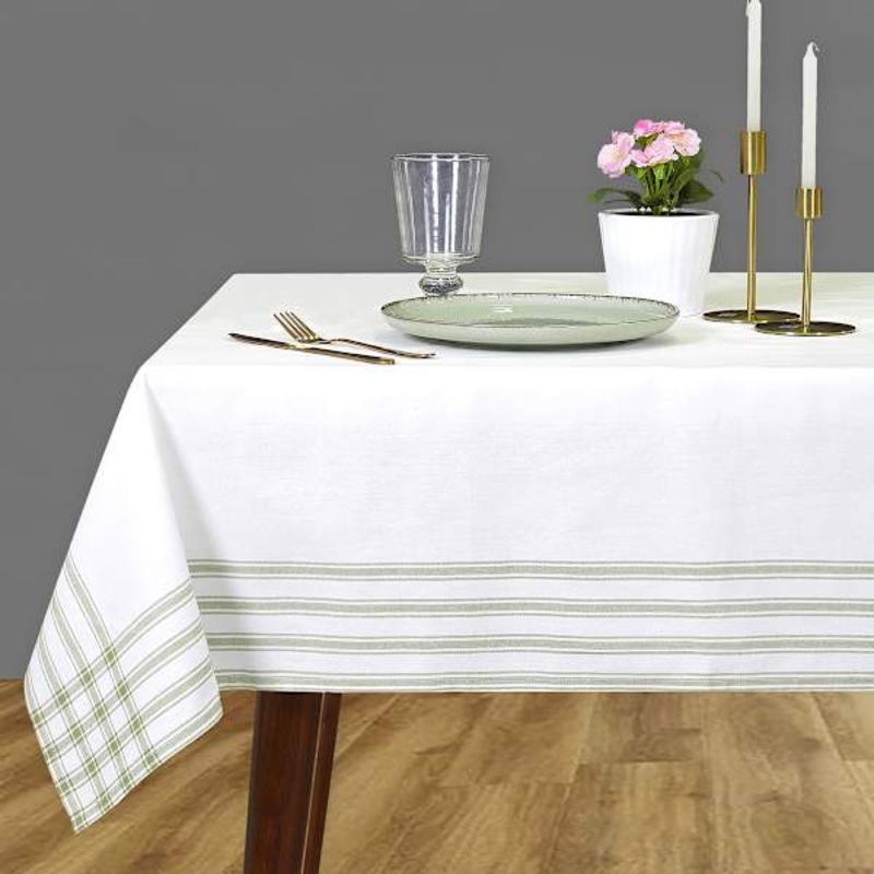 White with Sage Striped Border Tablecloth, 60×84