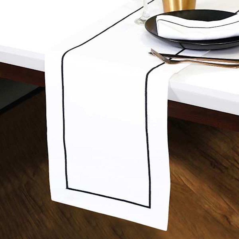 Black Embroidered White Table Runner, 72×14