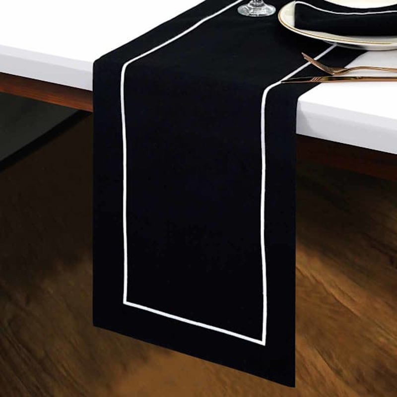 Black with White Embroidery Table Runner, 14×72