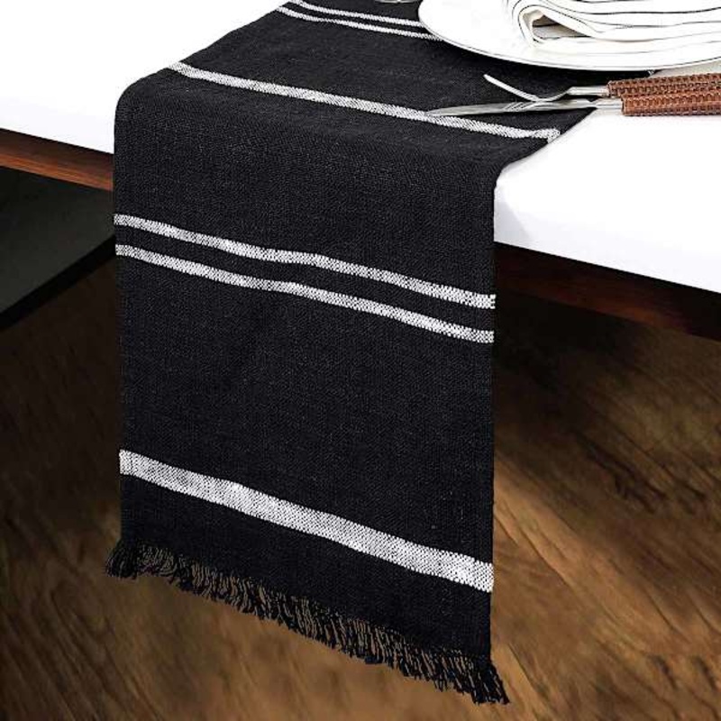 Black Woven Fringer Table Runner with White Stripes, 14×72
