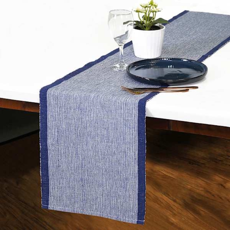 Blue & Ivory Mix Woven Table Runner With Fringe, 14×72