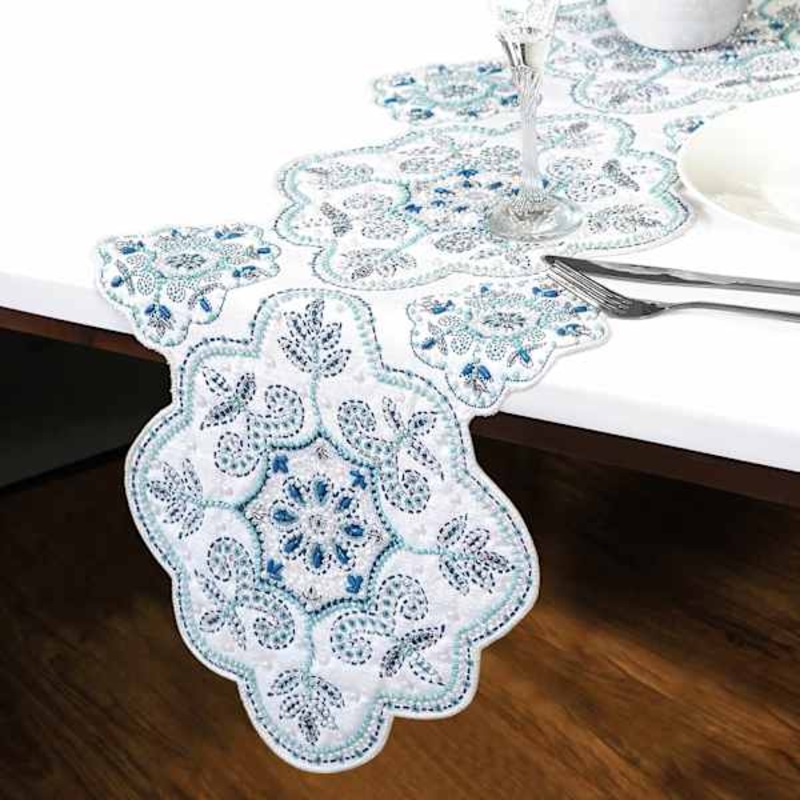 Blue & White Semi-Beaded Floral Print Table Runner, 36×13
