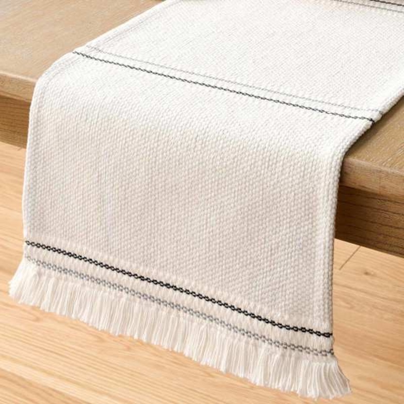 Grey & White Woven Table Runner with White Fringe, 72×14