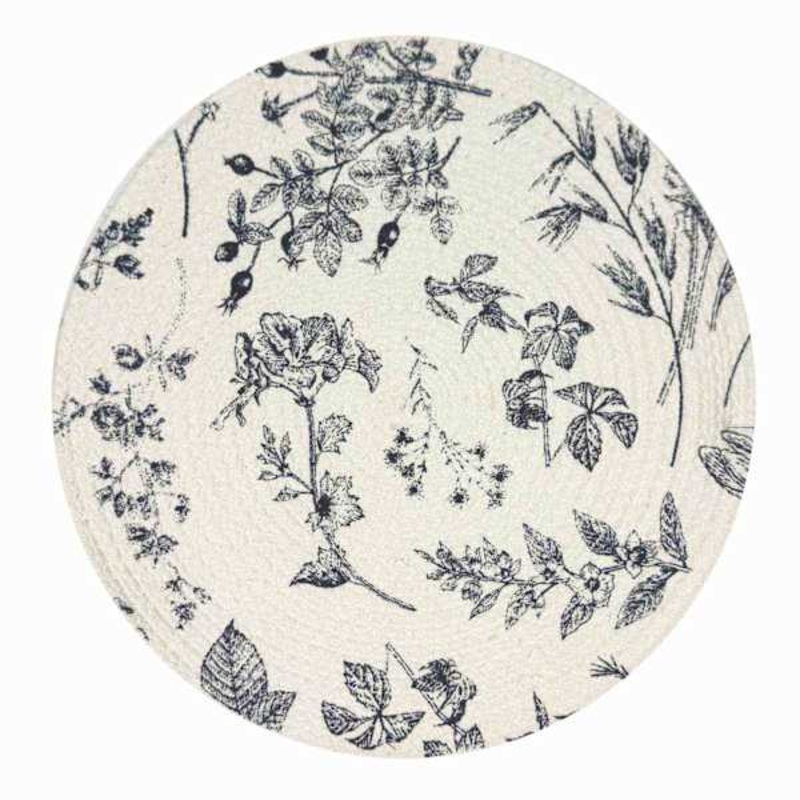 Navy Blue Floral Print Braided Round Placemat, 15″
