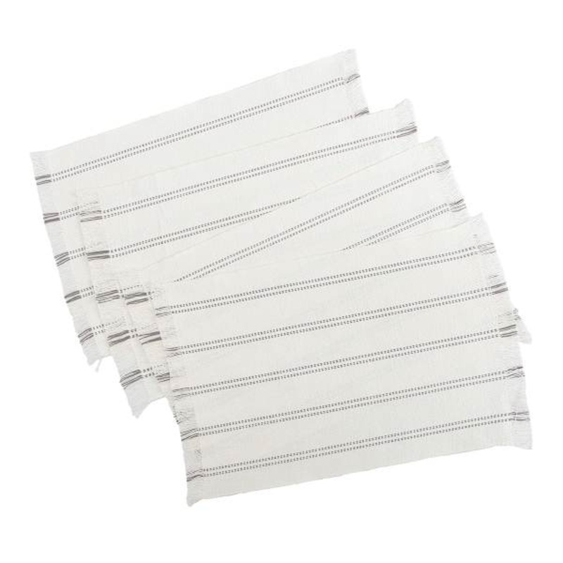 Set of 4 Ivory Woven Ribbed Placemats with Grey Stripes & Fringe