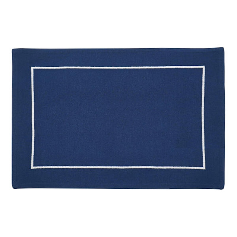Set of 4 Navy Blue Placemats with White Embroidered Border