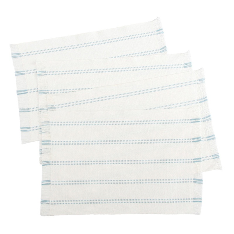 Set of 4 Woven Ribbed Placemats with Cameo Blue Stripes & Fringe