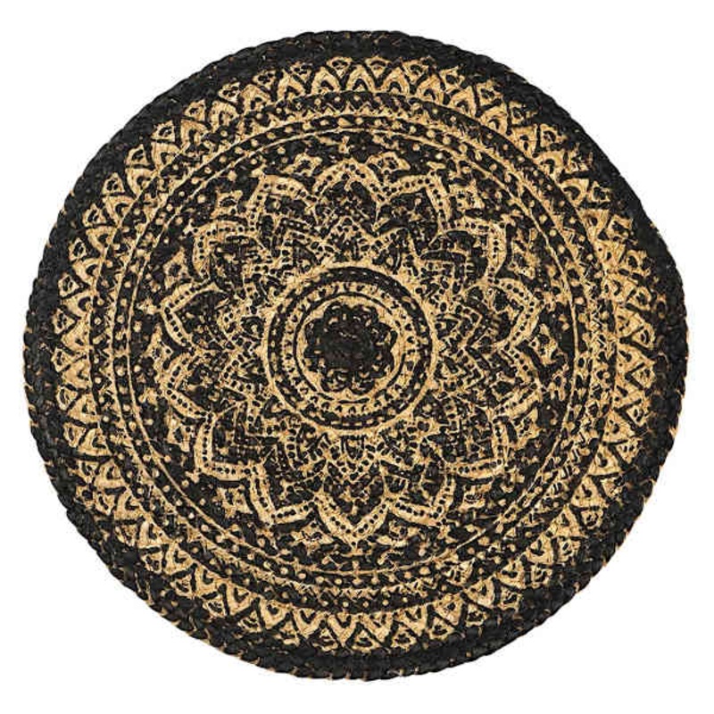 Black Mandala Printed Natural Jute Braided Placemat, 15″