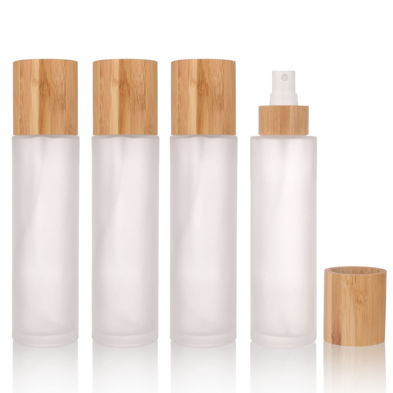 COSIDEA 4 pcs Empty 4oz /120ml bamboo lid Frosted glass spray bottle with fine mist despenser head for liquid perfume toiletries containers toner bottles 120ml Frosted