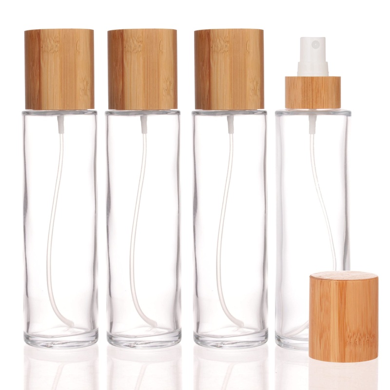 COSIDEA 4 pcs Empty 5oz /150ml bamboo lid clear glass spray bottle with fine mist despenser head for liquid perfume toiletries containers toner bottles 150ml Clear