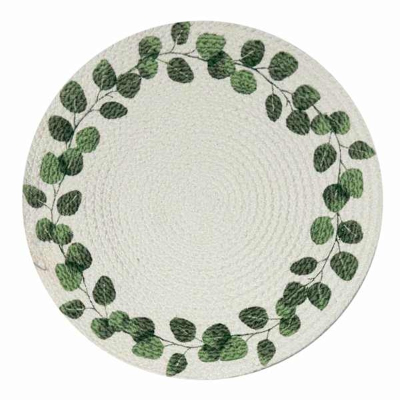 Green Leaf Print Braided Round Placemat, 15″