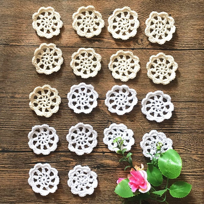 MINDPLUS 2 Inch Small Doilies for Crafts Crocheted Lace Cotton Flowers Embellishments Mini Hand Made Crochet Lace Doilies Appliques Patches,Set of 18 (White+Beige, 2″)