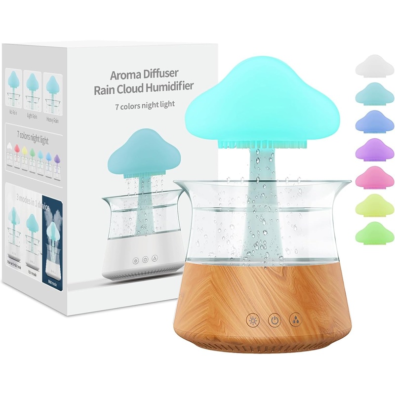 New Rain Cloud Humidifier Rain Sounds for Sleeping Snuggling Cloud Mushroom Rain Lamp Humidifier with 7 Colors LED Changing Lamp Desktop Fountain Water Drop Sound for Home Bedroom Office Plant(Brown)