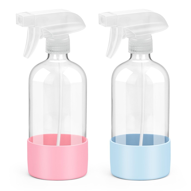 Rionisor Glass Spray Bottles with Silicone Sleeve Protection Empty 16 oz Refiilable Containers Reusable Spray Bottles with Adjustable Nozzle for Hair Cleaning Solutions 2 Pack Blue&Pink 2 Pack Blue green pink