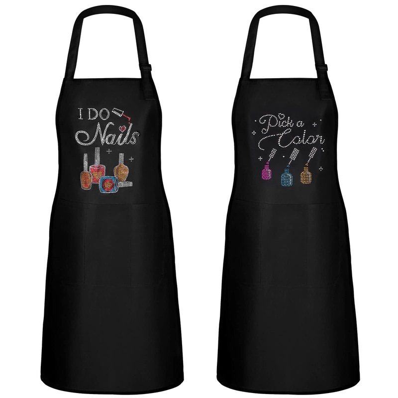 SATINIOR I Do Nails Nail Tech Cosmetology Apron with Colorful Rhinestone 2 Pieces Waterproof Nail Apron with 3 Pockets Hot Drilling Pattern