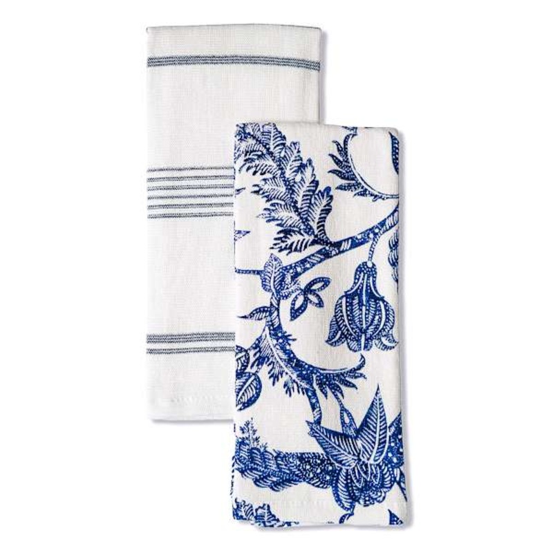 Set of 2 Blue Batik Print Terry Cotton Kitchen Towels