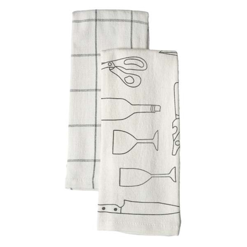 Set of 2 Grey Tools Print Terry Cotton Kitchen Towels