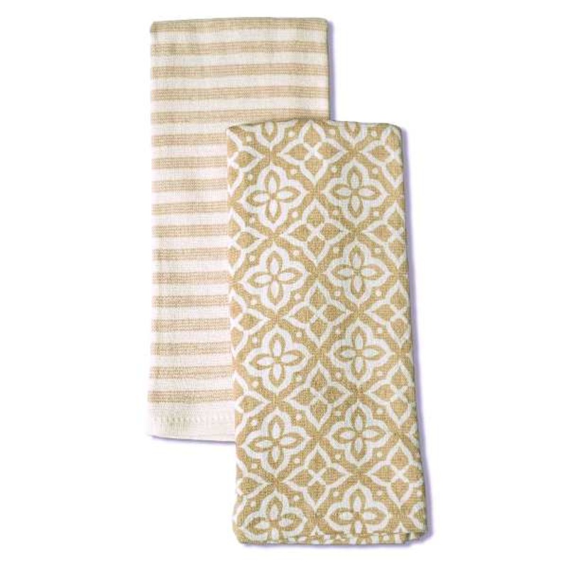 Set of 2 Taupe Geo Print Terry Cotton Kitchen Towels