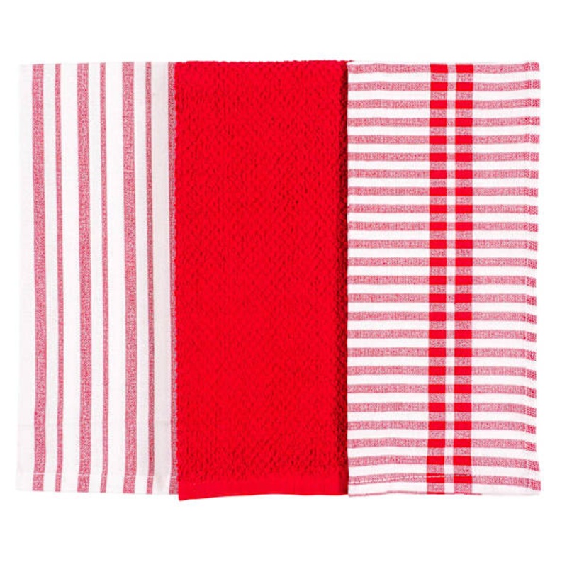 Set of 3 Mixed Red Flat Terry Kitchen Towels