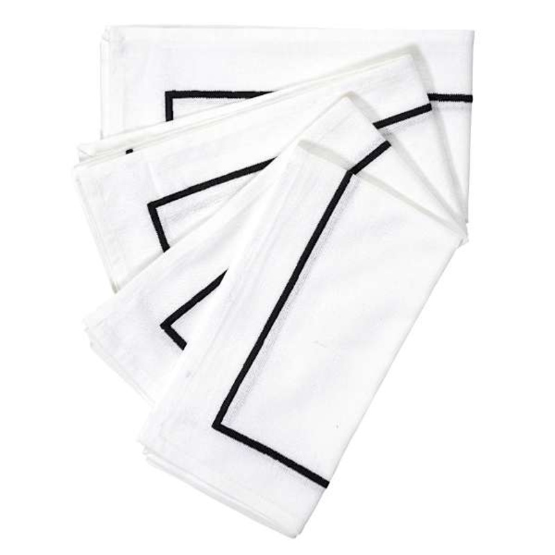 Set of 4 Black Embroidered White Napkins, 20″