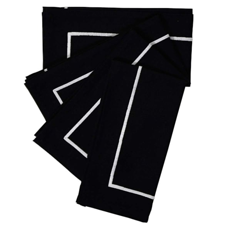 Set of 4 Black with White Embroidery Napkins, 20″
