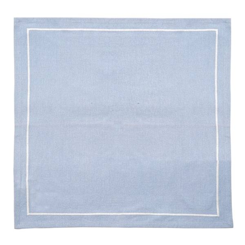 Set of 4 Blue Chambray Cloth Napkins with White Embroidered Border