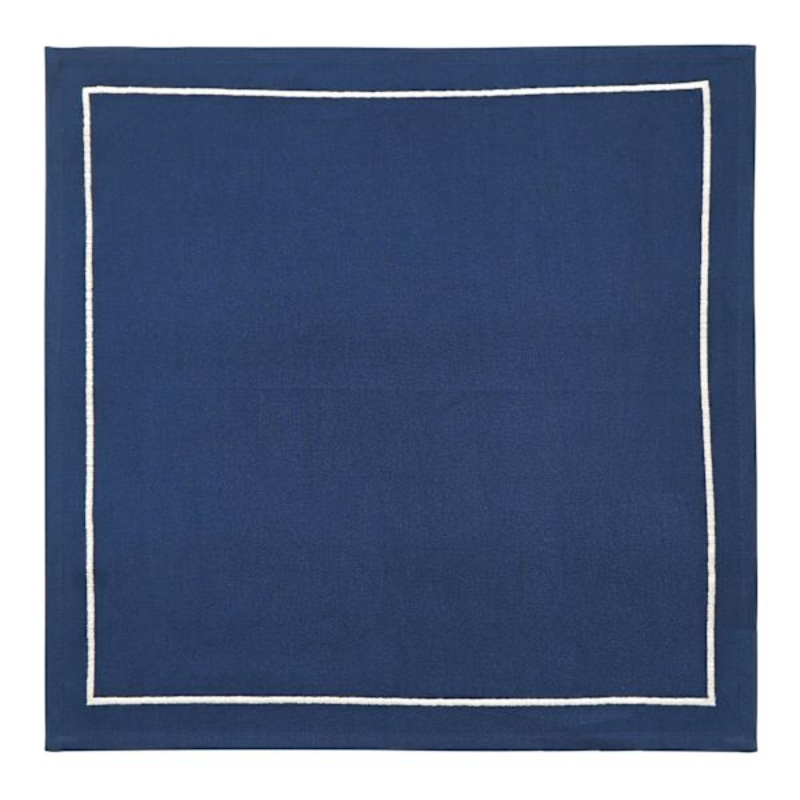 Set of 4 Navy Blue Cloth Napkins with White Embroidered Border