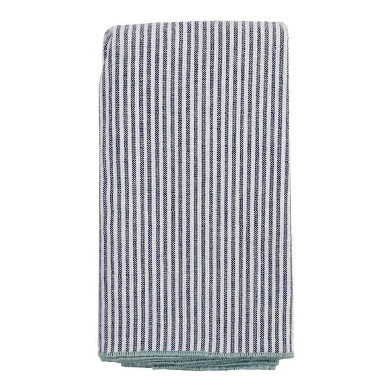 Set of 4 White & Navy Striped Napkins with Light Blue Overlock Edge, 18″