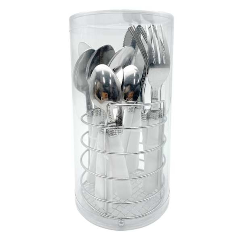 Metal & White Handle Flatware Set