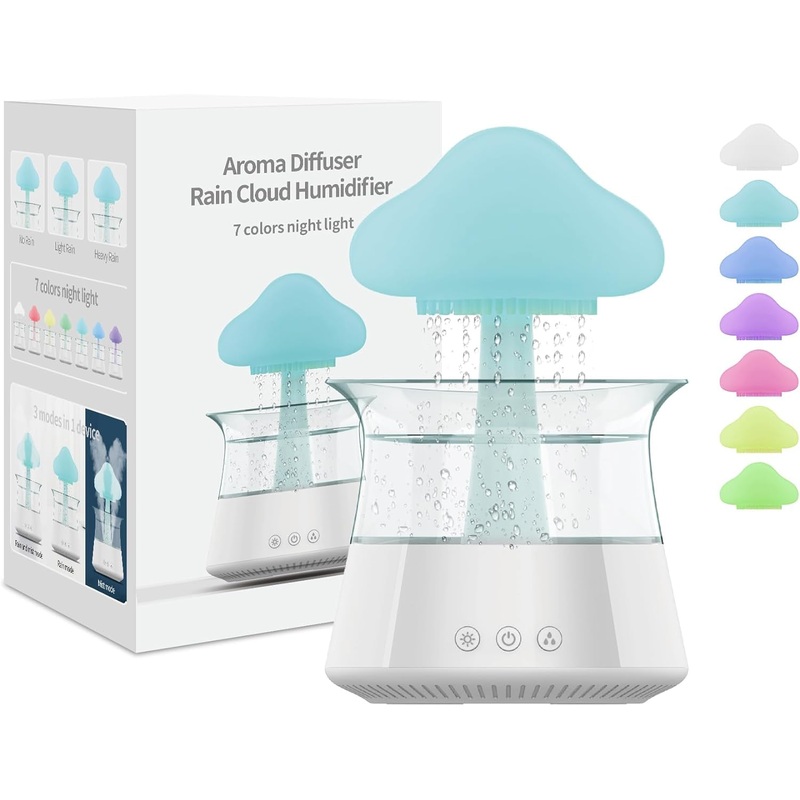 New Rain Cloud Humidifier Rain Sounds for Sleeping Snuggling Cloud Mushroom Rain Lamp Humidifier with 7 Colors LED Changing Lamp Desktop Fountain Water Drop Sound for Home Bedroom Office Plant(White)
