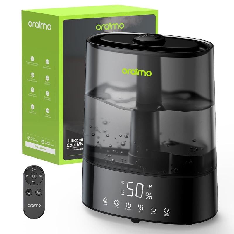 Oraimo Humidifiers for Bedroom Large Room 6L Top Fill Cool and Warm Mist Air Humidifier Max 700ml/H Automatic Smart Humidifier for home Oil Diffuser Quiet Sleep Mode Remote Control Timer (Black)
