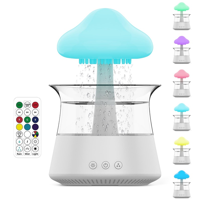 Rain Cloud Humidifier Night Light with 7 Colors Rain Lamp Aromatherapy Essential Oil Diffusers Mushroom Raincloud Humidifier Cloud Lamp with Water Drop Sound Rain Drop Humidifier(White)