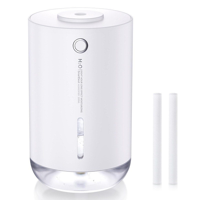 SMARTDEVIL Humidifiers 500ml for Bedroom Small Desk Humidifier USB Personal Desktop Humidifier for Bedroom Office Travel Plants Auto Shut-Off 2 Mist Modes Super Quiet White