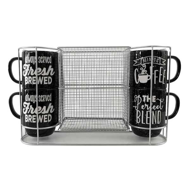 Set of 4 Stacked Black Mugs with Metal Stand, 14oz